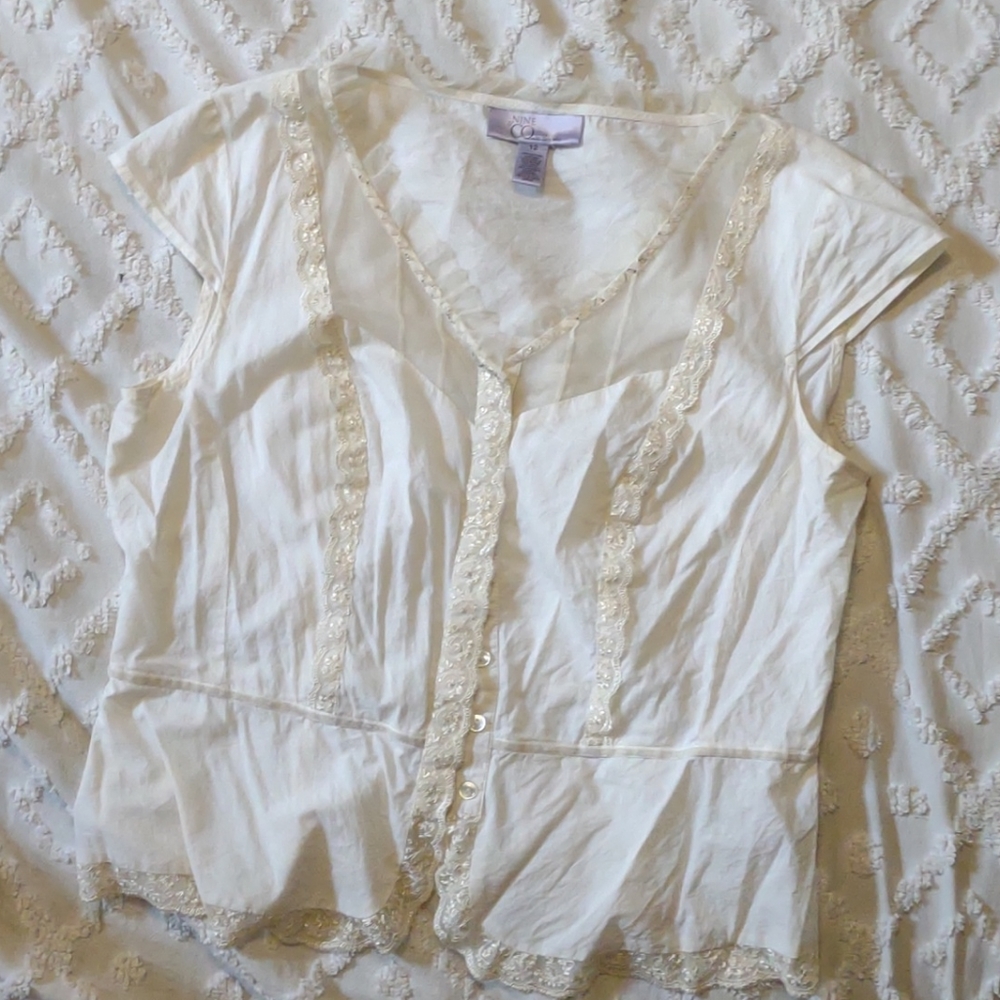 Nine West White Lace Trim Blouse